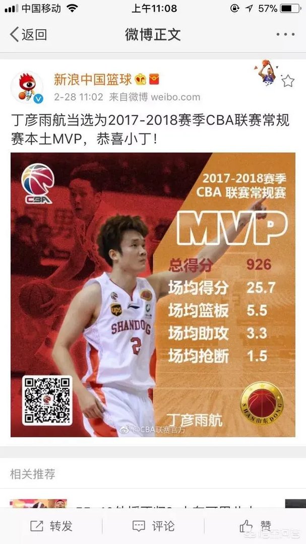 丁彦雨航蝉联CBA常规赛MVP！怎么评价小丁这赛季的表现？