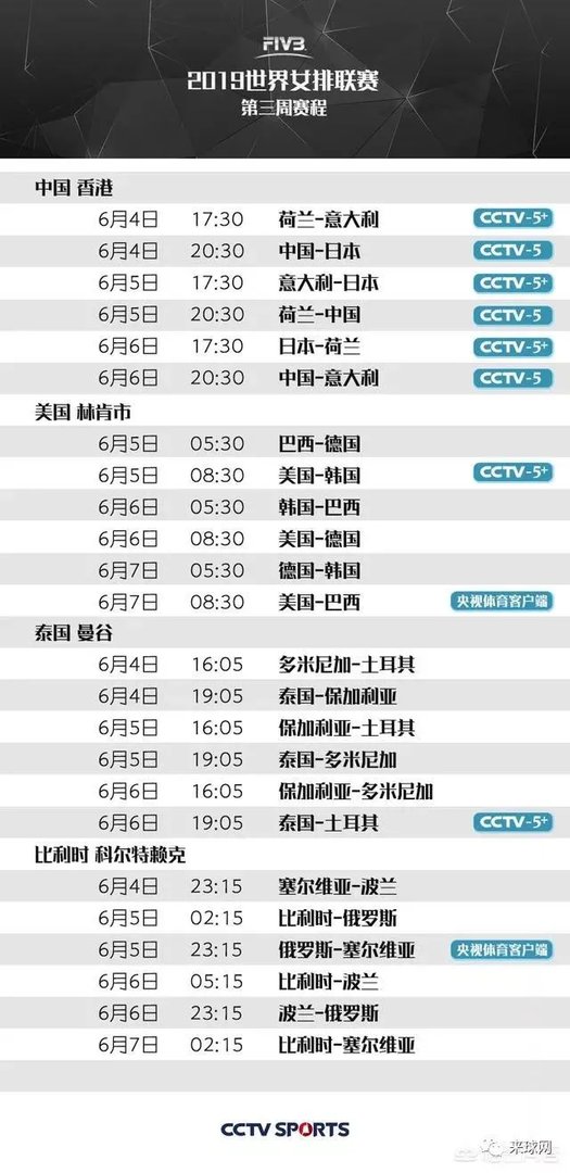 2019世界女排联赛详细赛程时间表