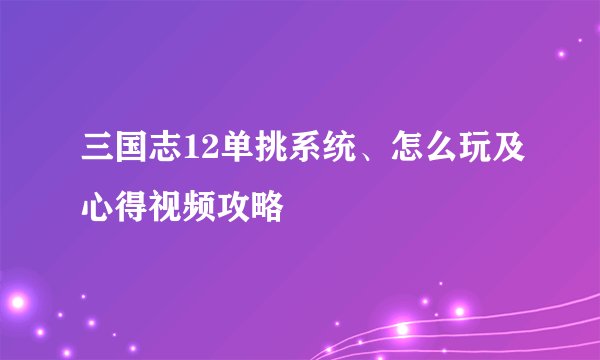 三国志12单挑系统、怎么玩及心得视频攻略