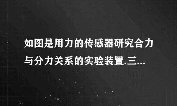 如图是用力的传感器研究合力与分力关系的实验装置.三条绳子的结在一起,两条绳子与传感器相连,通过力的传感器可以读出两条绳子上的拉力大小分别为、,另一条绳子下面悬挂钩码.两条接传感器的细绳之间的角度由中间的圆盘读出.当拉力的夹角等于时,可知悬挂的钩码重力G= .若两条绳的拉力相等,且等于悬挂钩码的重力,则拉力、之间的夹角为 ．