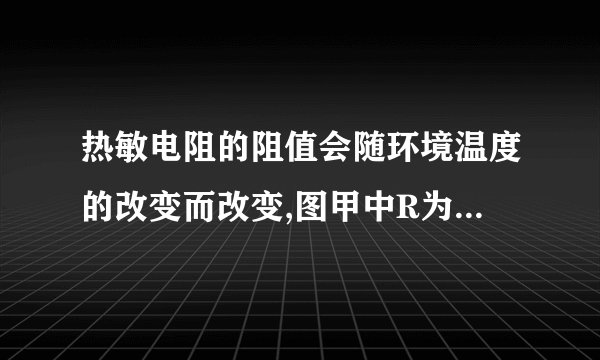 热敏电阻的阻值会随环境温度的改变而改变,图甲中R为热敏电阻,其阻值随环境温度变化关系如图乙所示,已知电源电压U=6V且保持不变,R2=100Ω，当电流表示数为0.01A时，求：R/O 600|- (A) 甲   0  10 20 30 40 50 60 乙 (1)R两端的电压；(2)10min内热敏电阻R消耗的电能；(3)此时的环境温度。