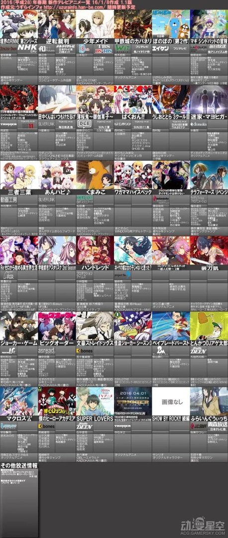 2016年4月新番一览表1.1版公开 强作纷纷登场