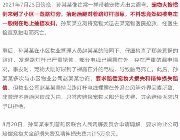 上海宠物犬小区路灯杆旁撒尿触电死亡，主人向物业索赔5万，这合理吗？