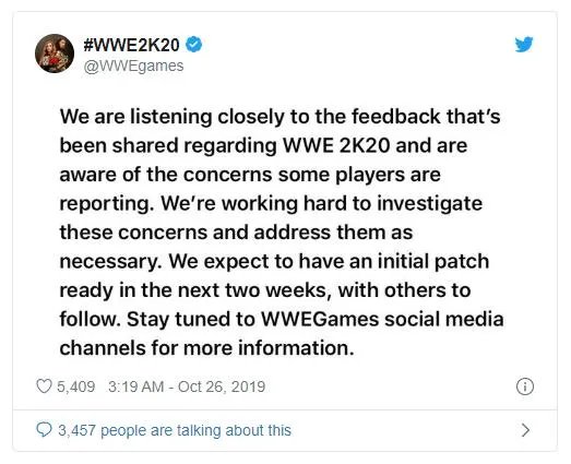《WWE 2K20》玩家抱怨游戏BUG频出 2K对此做出承若会尽快修复 需要两周时间